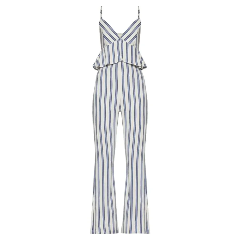 BCBGeneration Blue Striped Peplum Jumpsuit Size 12 NWT